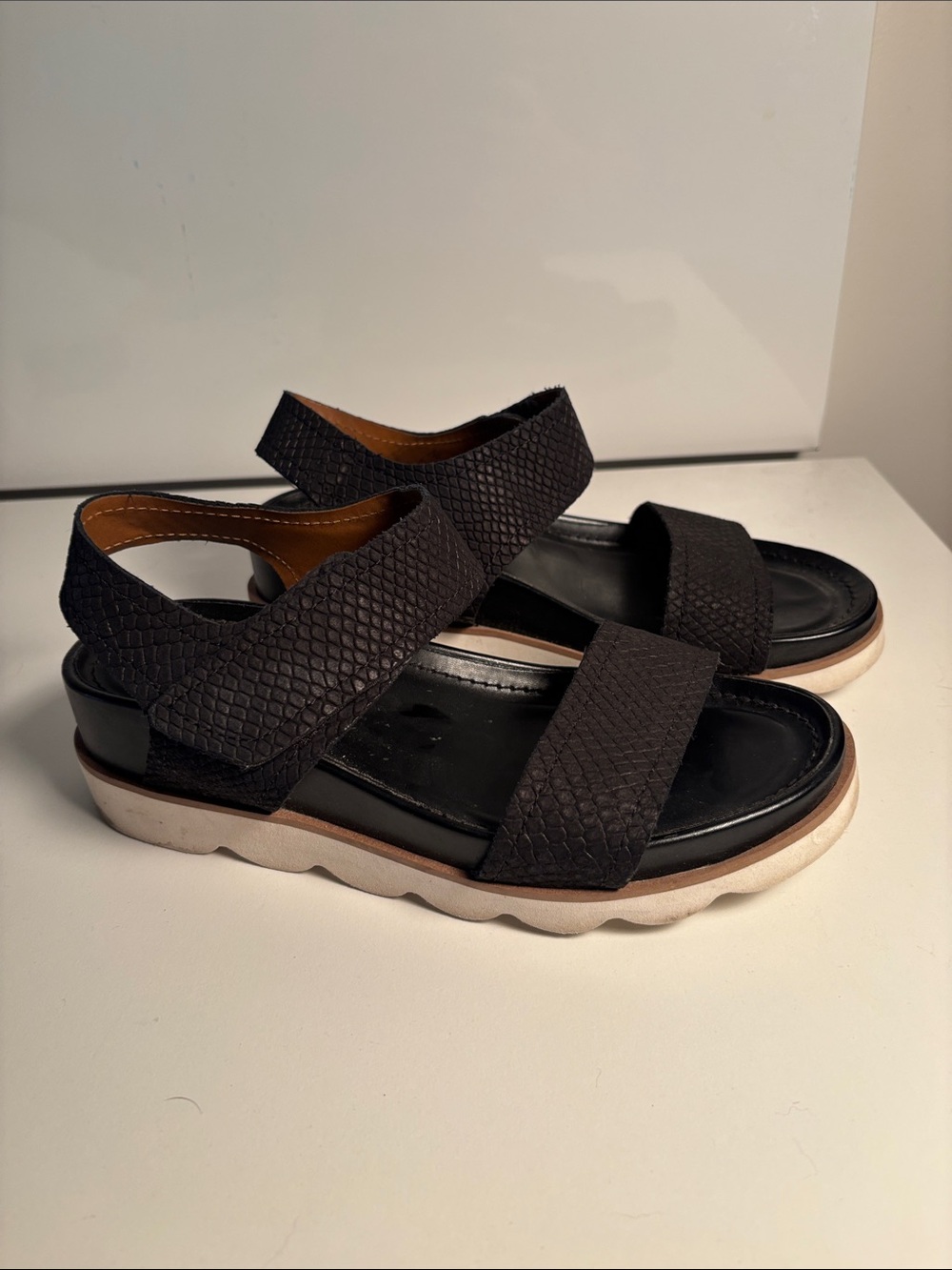 Franco Sarto Black Textured Strap Platform Sandals